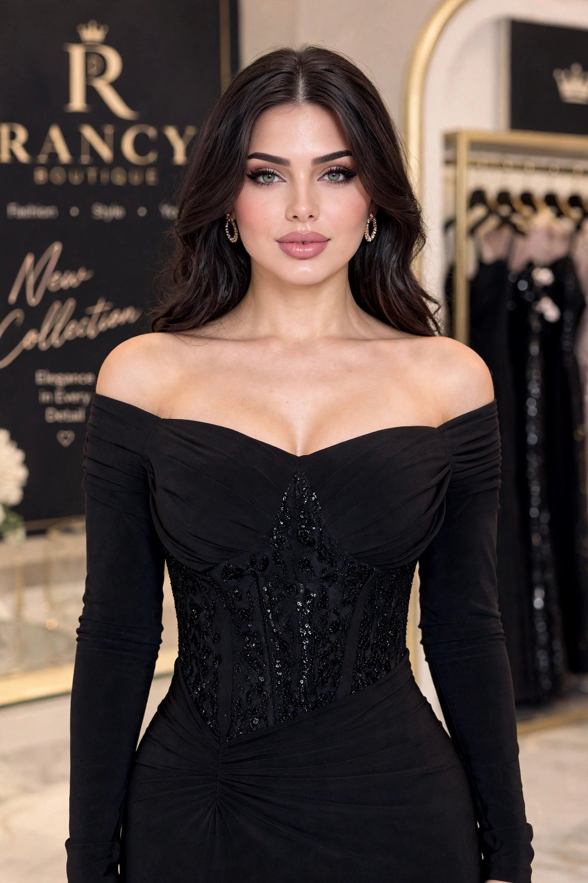 فستان أسود فخم ستريتش