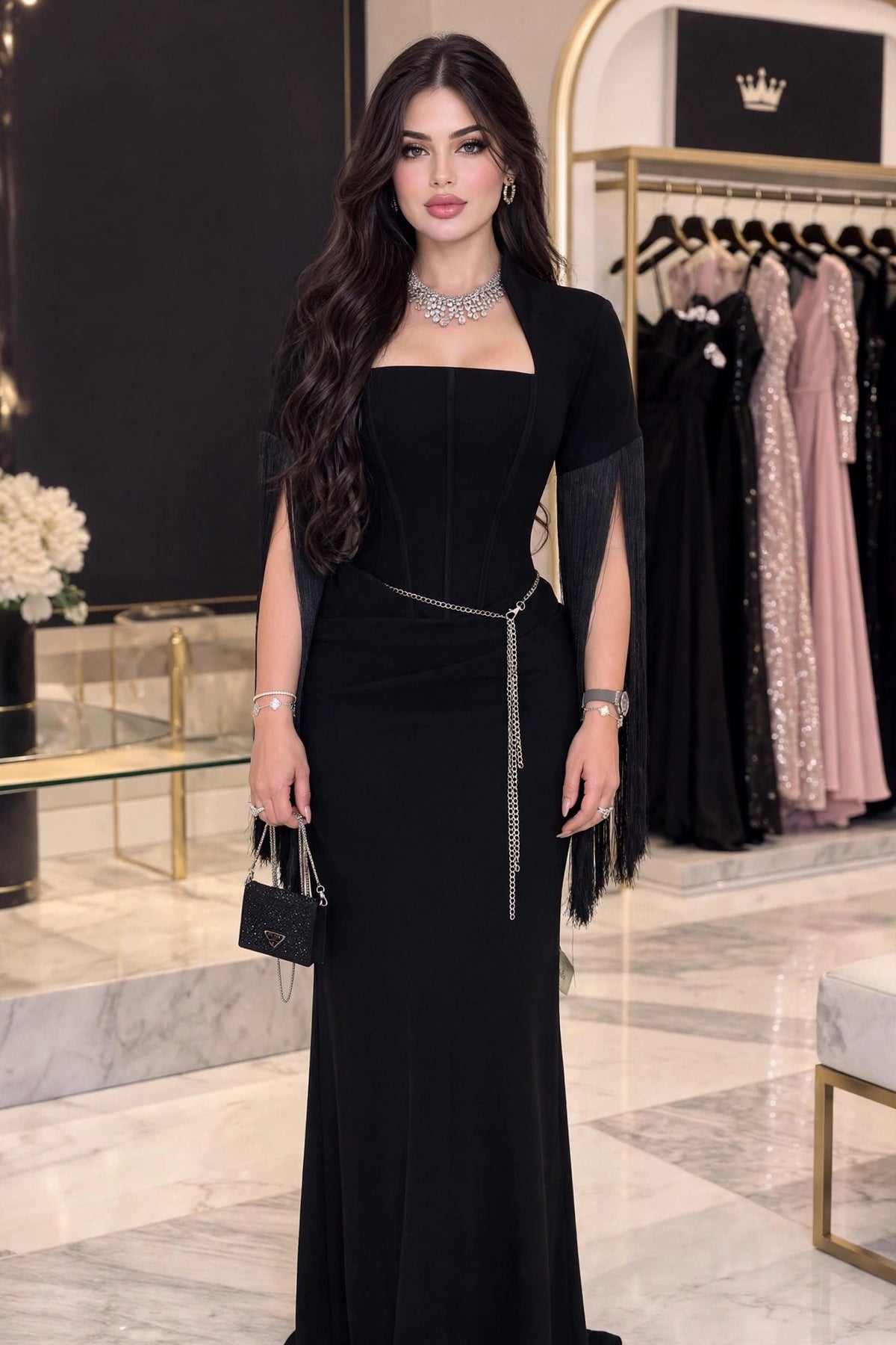 فستان أسود هدب فاخر