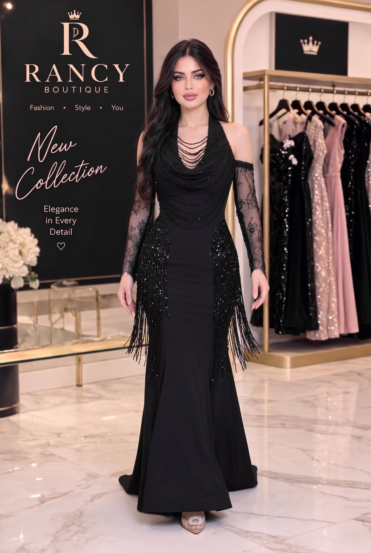 فستان أسود ليل فاخر بذيل مميز