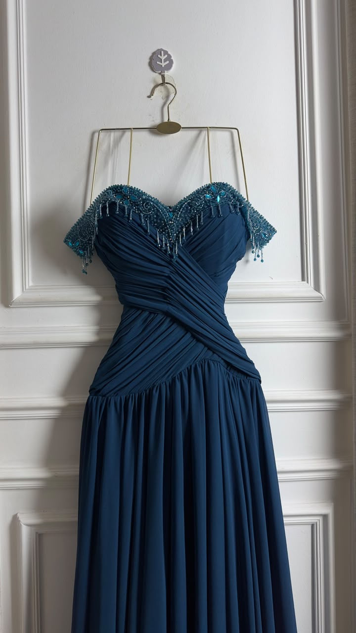 فستان تركواز دبل شيفون بالشك